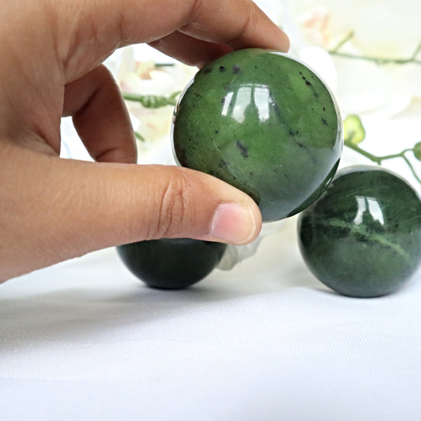 Green Nephrite Jade Sphere: Canadian Lucky Stone, Abundance Crystal (2 inch)