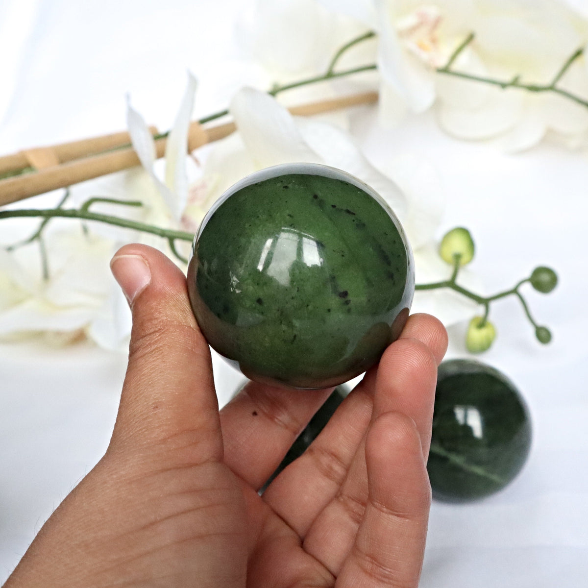 Green Nephrite Jade Sphere: Canadian Lucky Stone, Abundance Crystal (2 inch)