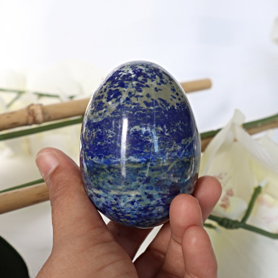 natural blue Lapis Lazuli egg showing white calcite veining