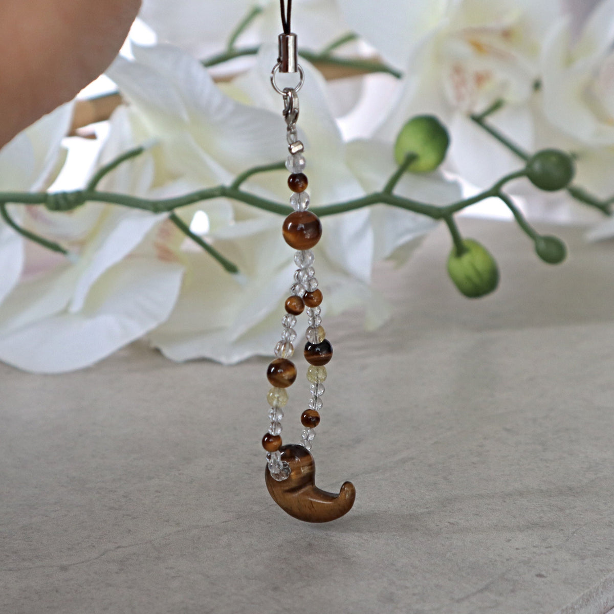 Phone and Car Charm Clear Quartz and Tiger Eye Magatama