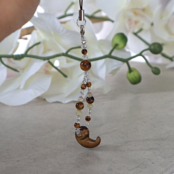 Phone and Car Charm Clear Quartz and Tiger Eye Magatama