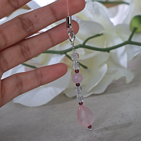 Rose Quartz Car Charm: Garnet & Clear Quartz Crystal Keychain