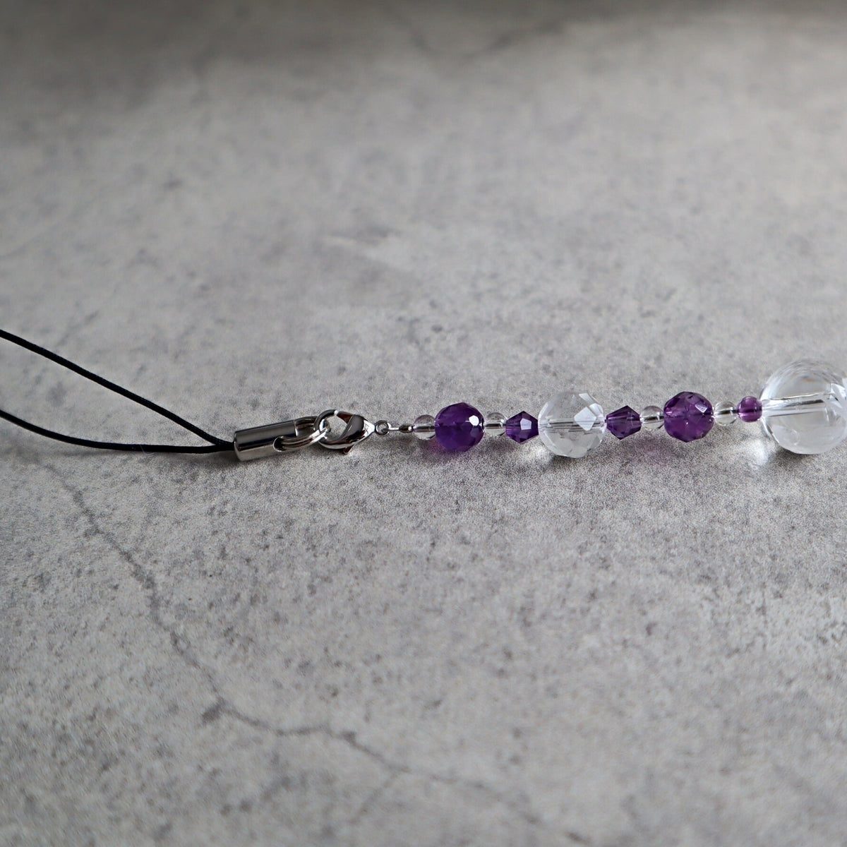 Amethyst and clear quartz charm with hand enraved owl for car and phone