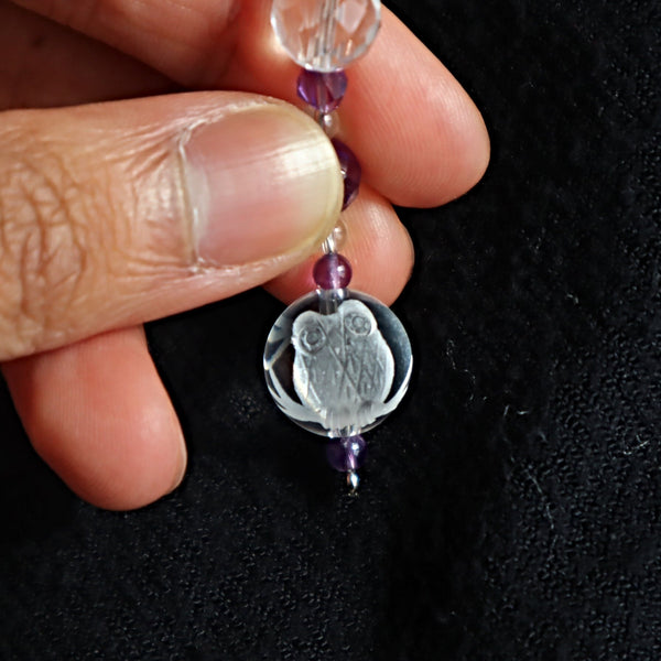 Amethyst and clear quartz charm with hand enraved owl for car and phone