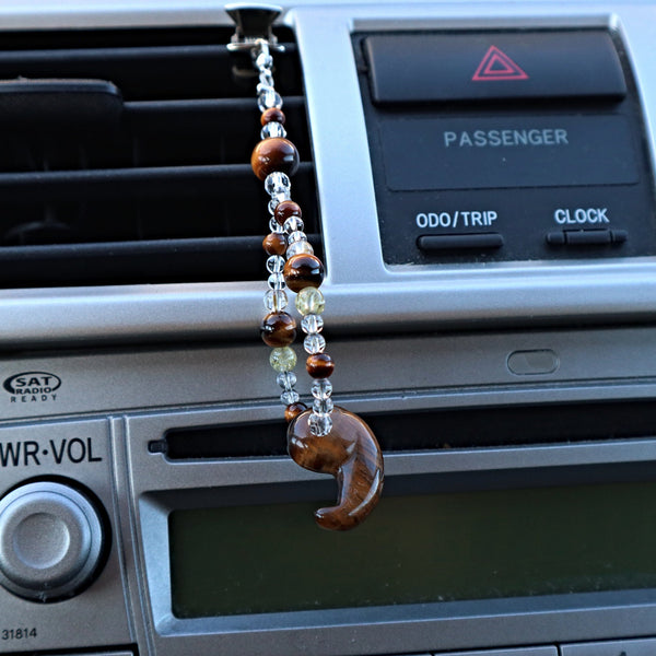 Phone and Car Charm Clear Quartz and Tiger Eye Magatama