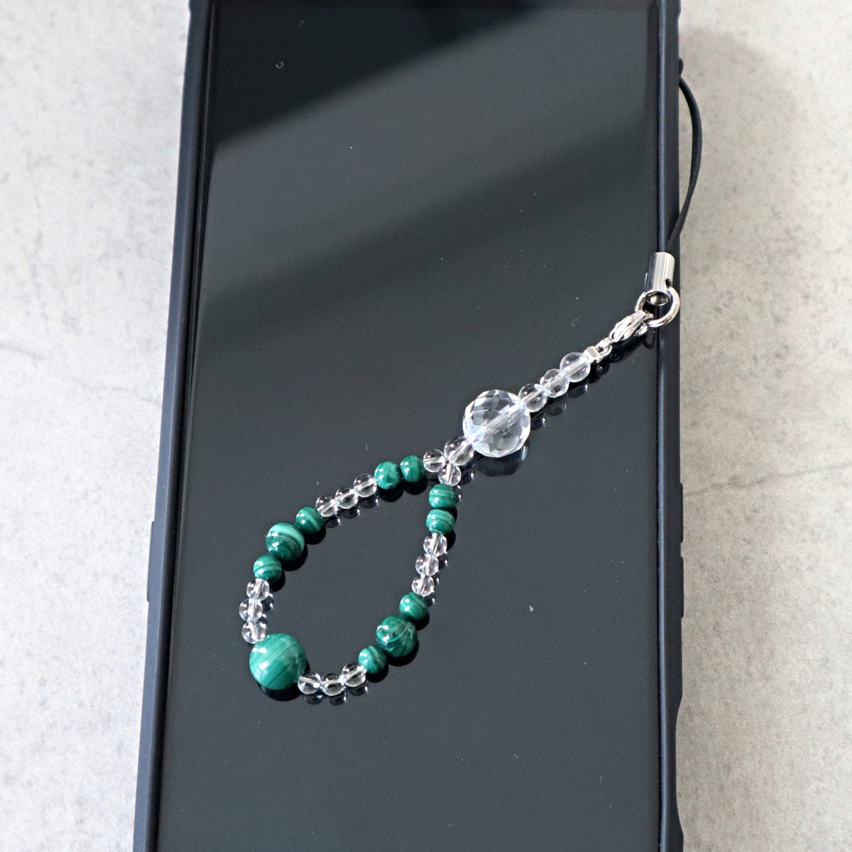 Phone and Car Charm Green Malachite and Clear Quartz, CP