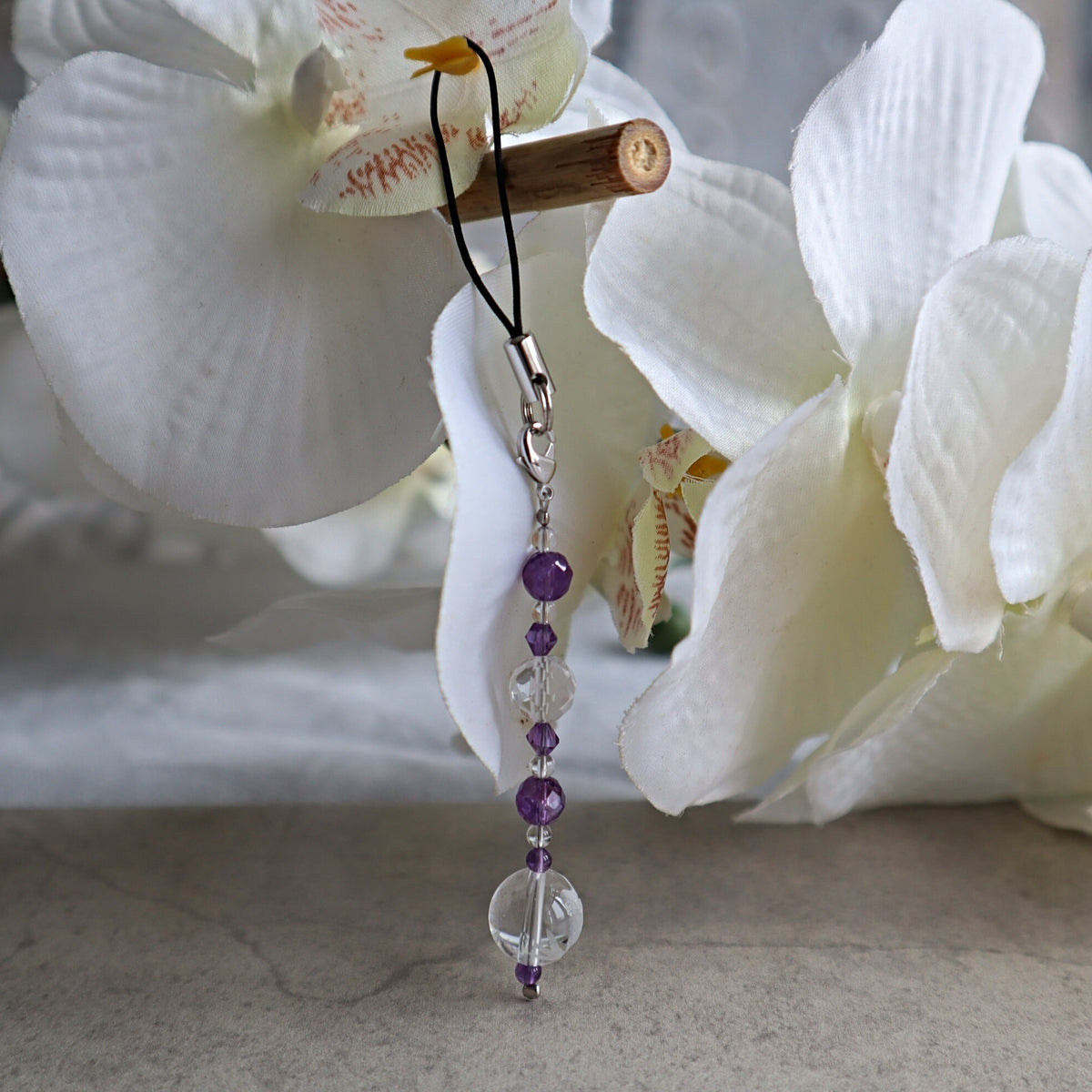 Amethyst and clear quartz owl charm with for car and phone