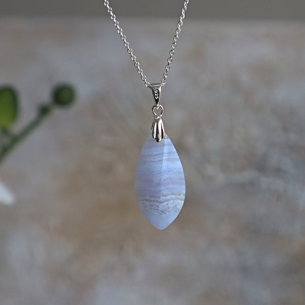 Blue Lace Agate Pendant Necklace Sterling Silver