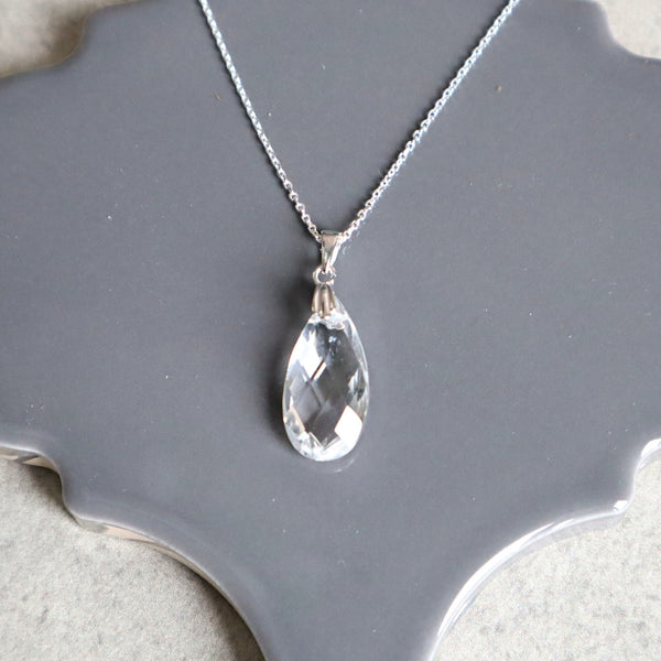 Clear Quartz Teardrop Pendant Necklace | Sterling Silver or Gold Vermeil