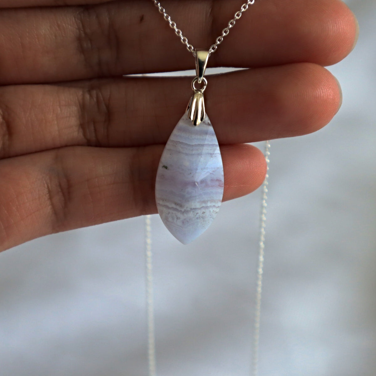 Blue Lace Agate Pendant Necklace Sterling Silver