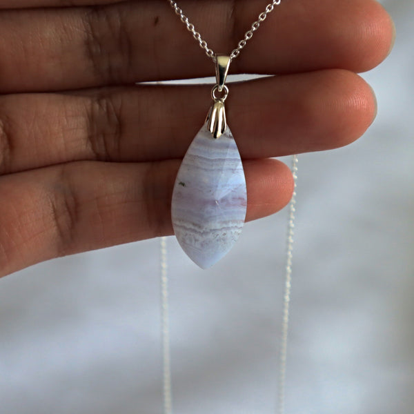 Blue Lace Agate Pendant Necklace Sterling Silver