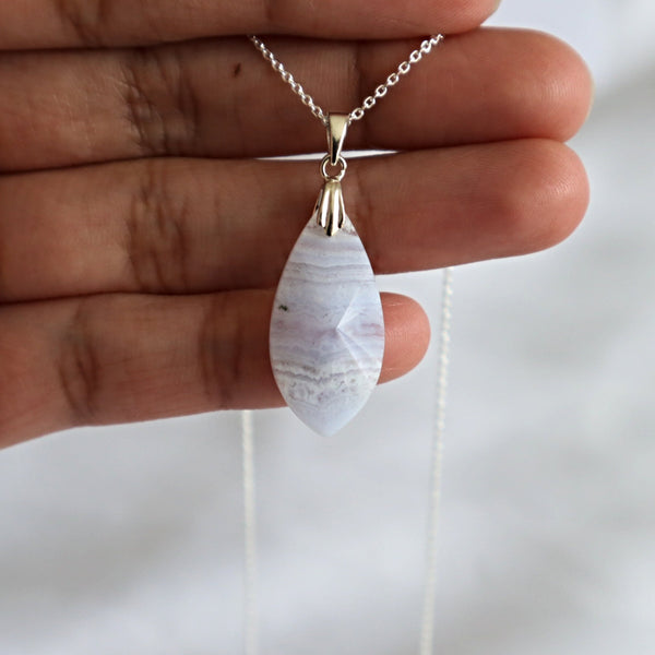 Blue Lace Agate Pendant Necklace Sterling Silver