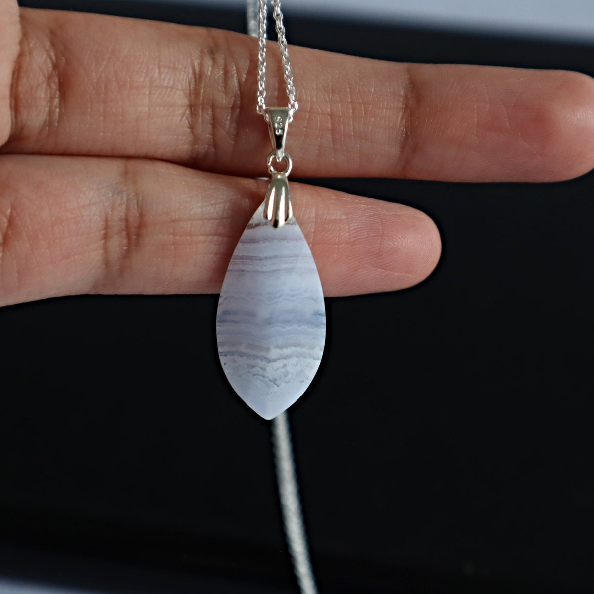 Blue Lace Agate Pendant Necklace Sterling Silver