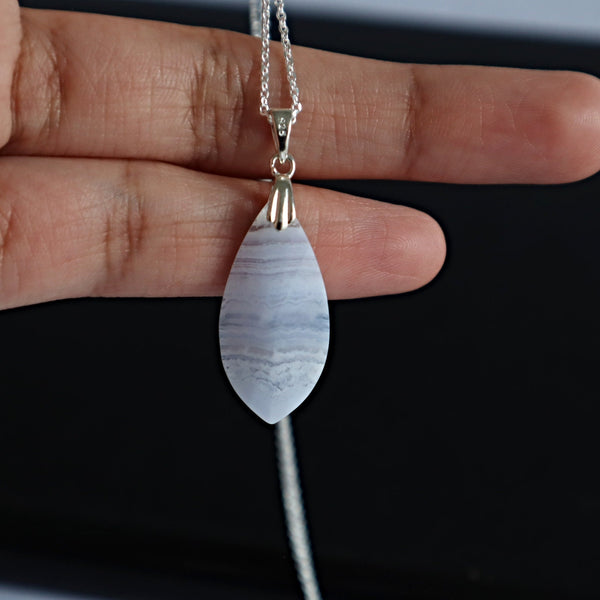 Blue Lace Agate Pendant Necklace Sterling Silver
