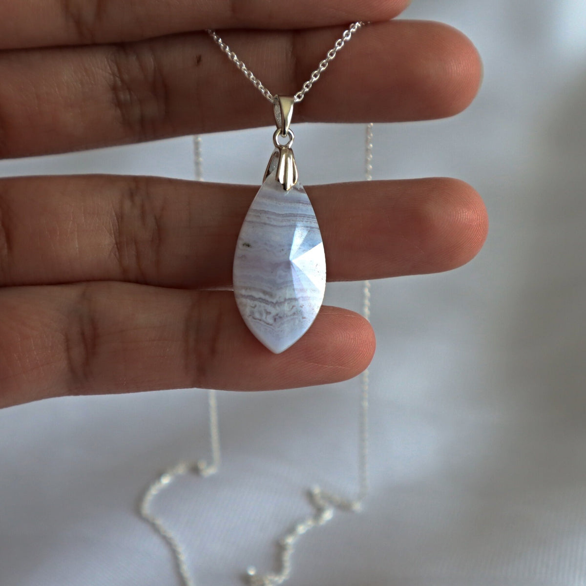 Blue Lace Agate Pendant Necklace Sterling Silver