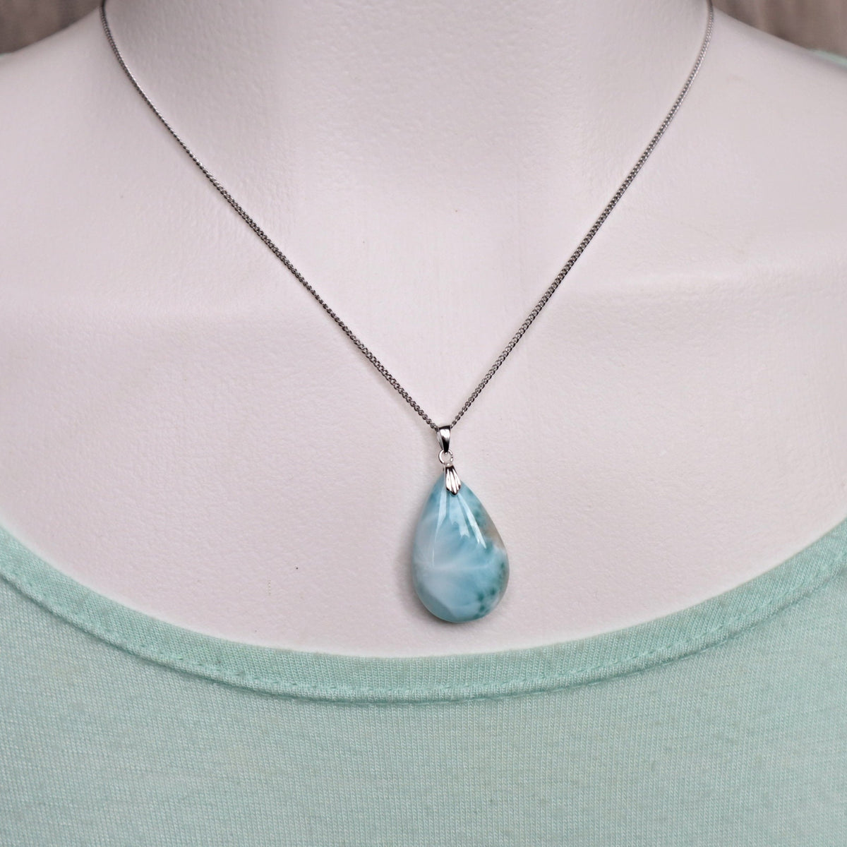 Larimar Pendant Necklace Sterling Silver Genuine Dominican Republic Larimar Calming Emotional Healing