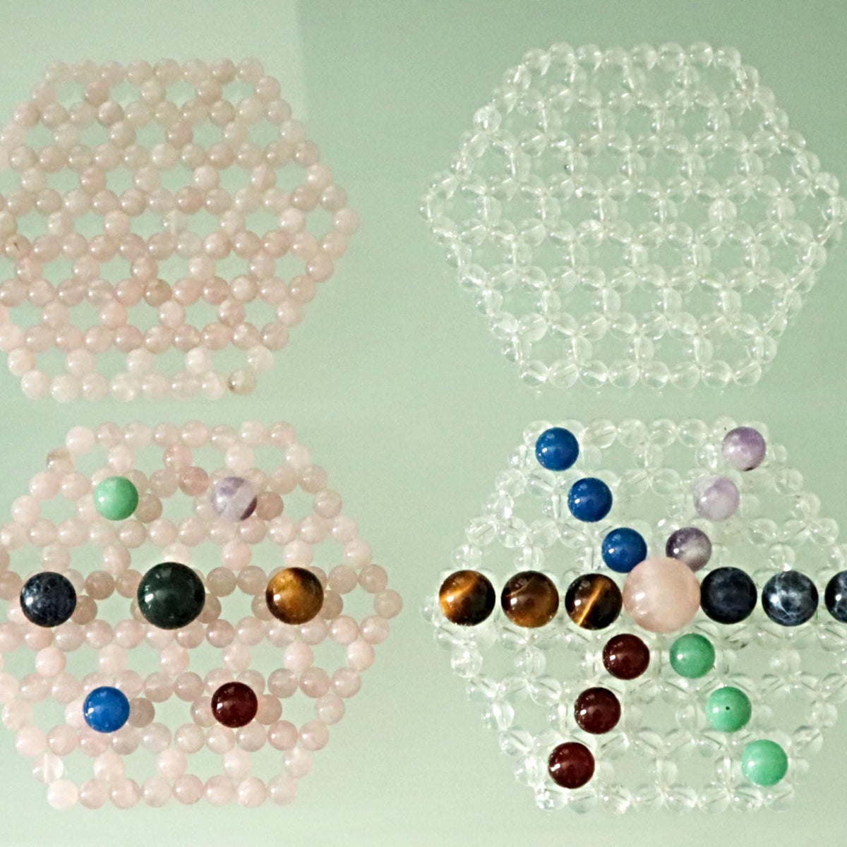 Rose quartz and clear quartz energy grid for emotional balance and clarity