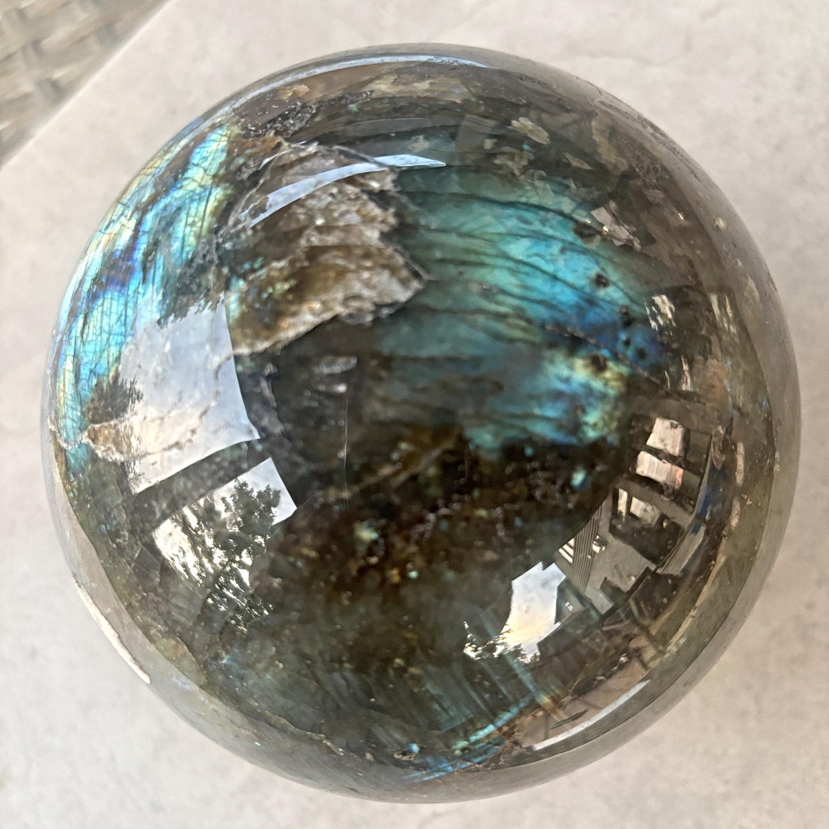 Labradorite crystal ball radiating energy in 360 degrees