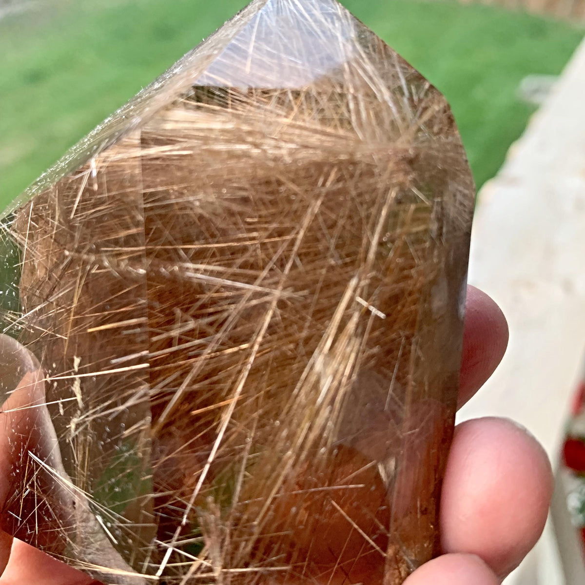 Smoky quartz tower with rutile inclusions