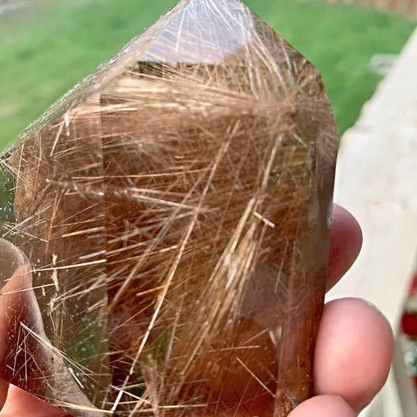 Smoky quartz tower with rutile inclusions