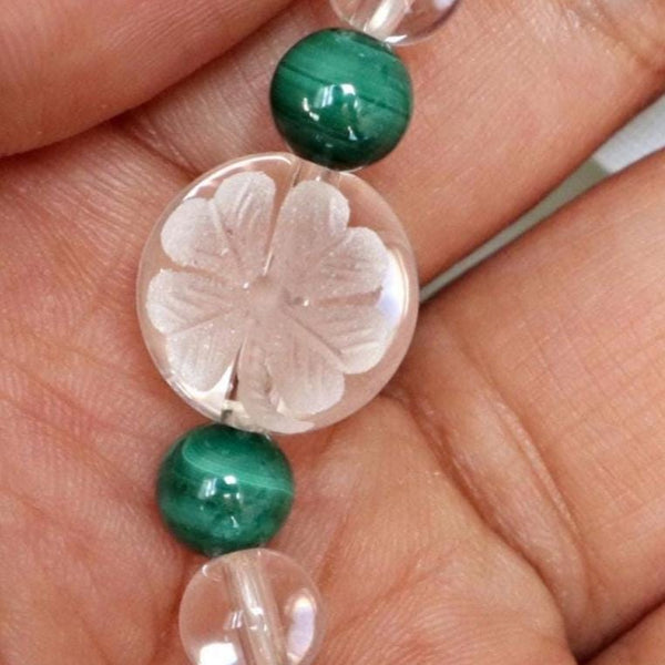 Clover Bracelet Hand Carved Clear Quartz & Malachite