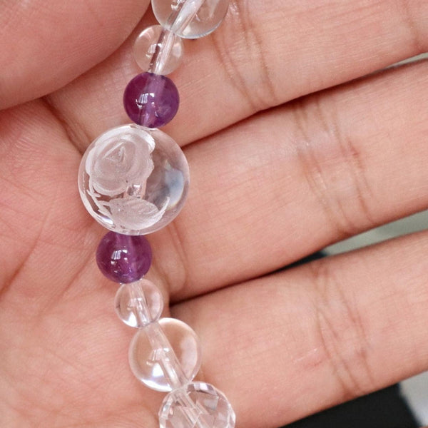 Rose Bracelet Hand Carved Flower in Clear Quartz with Amethyst