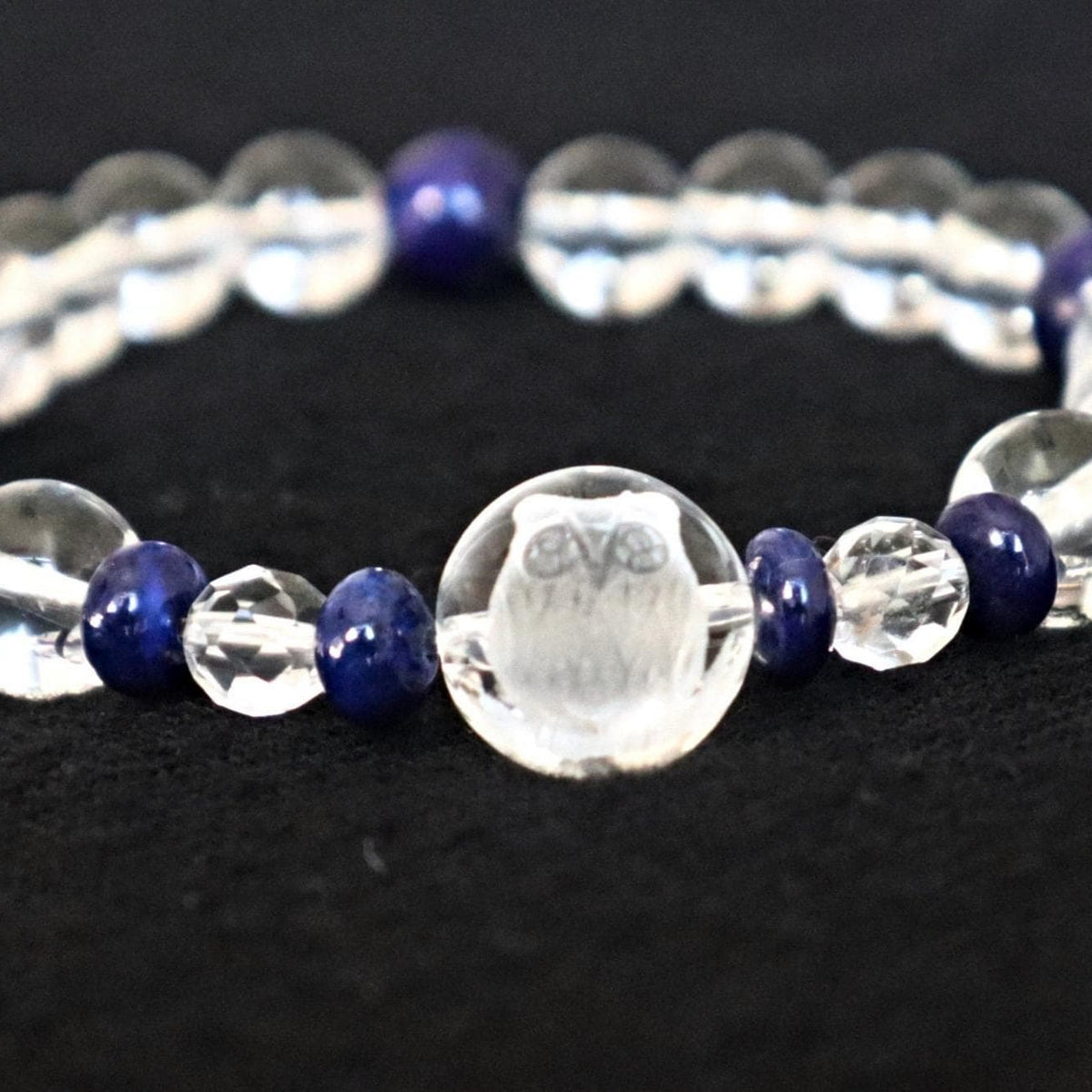 Owl Bracelet Hand Carved Clear Quartz with Lapis