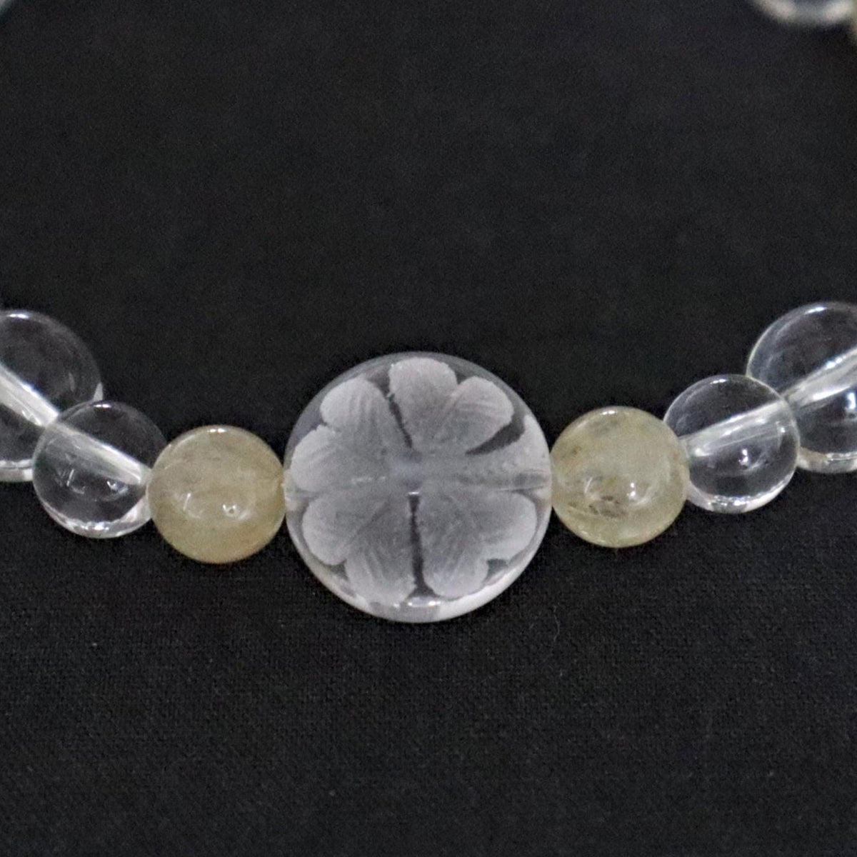 Four Leaf Clover Bracelet Hand carved Clear Quartz and Rutilated Quartz
