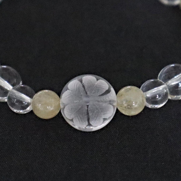Four Leaf Clover Bracelet Hand carved Clear Quartz and Rutilated Quartz