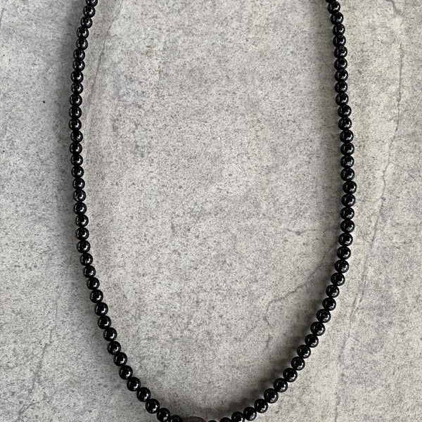 Black Tourmaline Beaded Necklace with Tiger Eye Pendant: Mens Protection Stone Jewelry