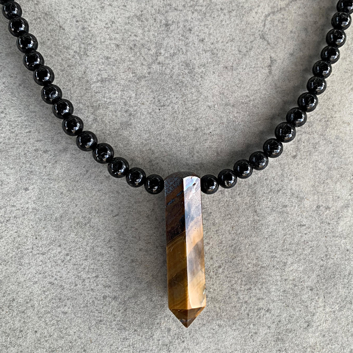 Black Tourmaline Beaded Necklace with Tiger Eye Pendant: Mens Protection Stone Jewelry