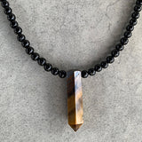 Black Tourmaline Beaded Necklace with Tiger Eye Pendant: Mens Protection Stone Jewelry