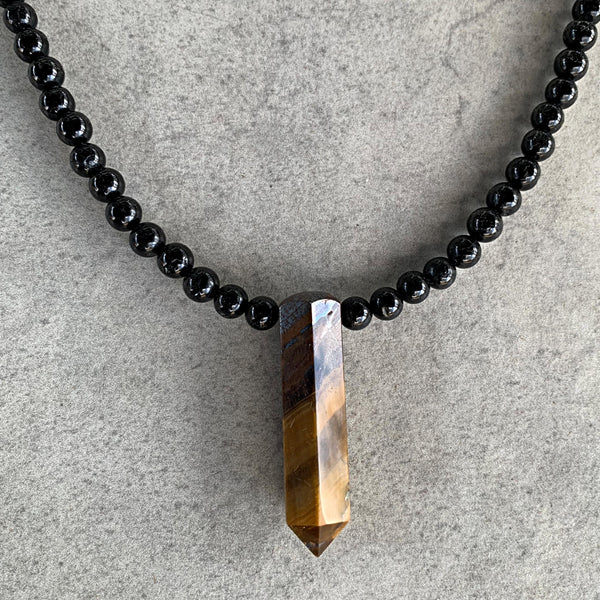 Black Tourmaline Beaded Necklace with Tiger Eye Pendant: Mens Protection Stone Jewelry
