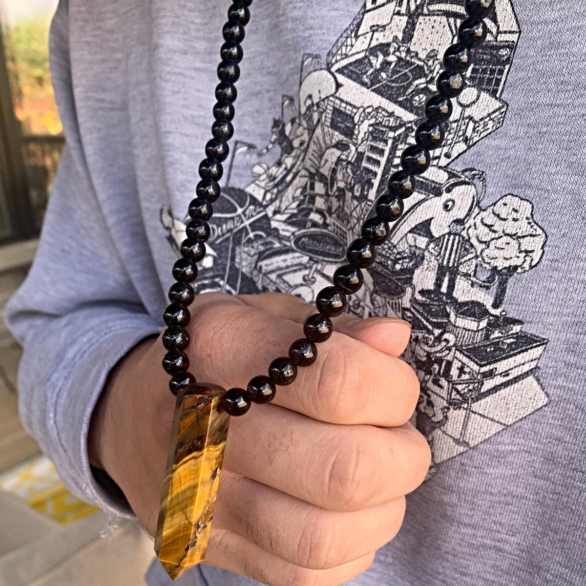 Black Tourmaline Beaded Necklace with Tiger Eye Pendant: Mens Protection Stone Jewelry