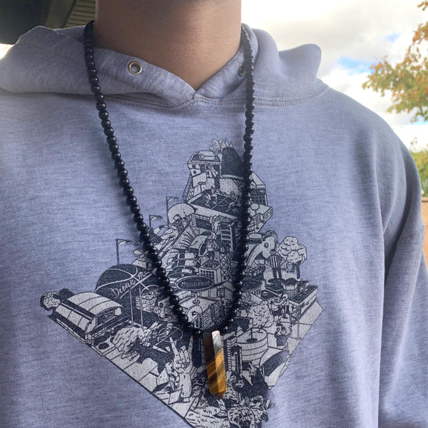 Black Tourmaline Beaded Necklace with Tiger Eye Pendant: Mens Protection Stone Jewelry