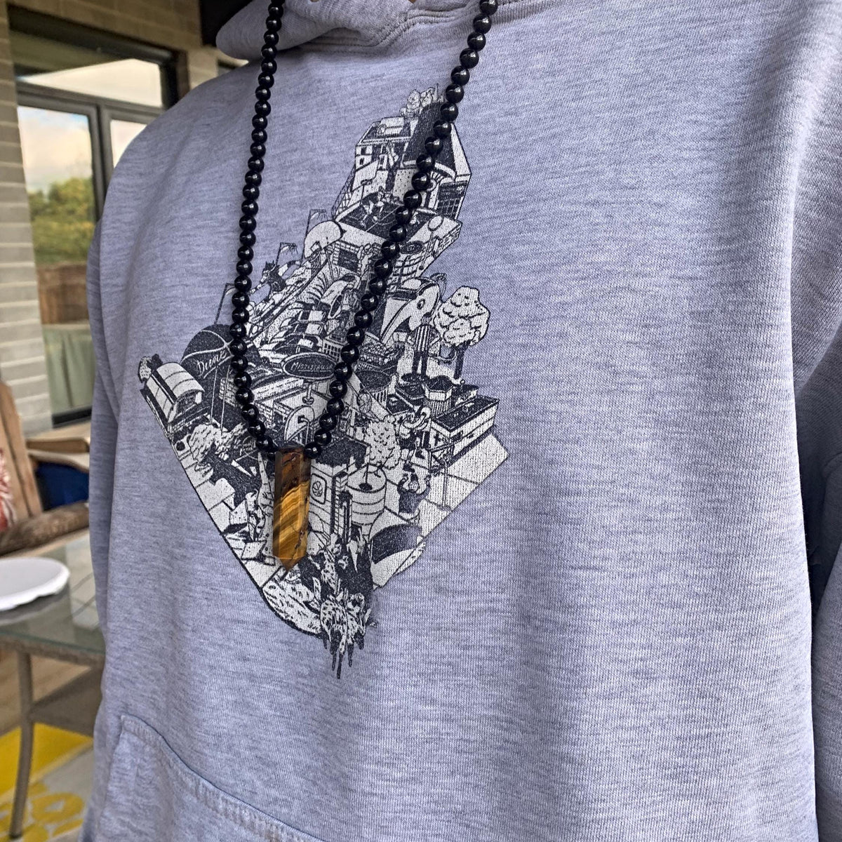 Black Tourmaline Beaded Necklace with Tiger Eye Pendant: Mens Protection Stone Jewelry