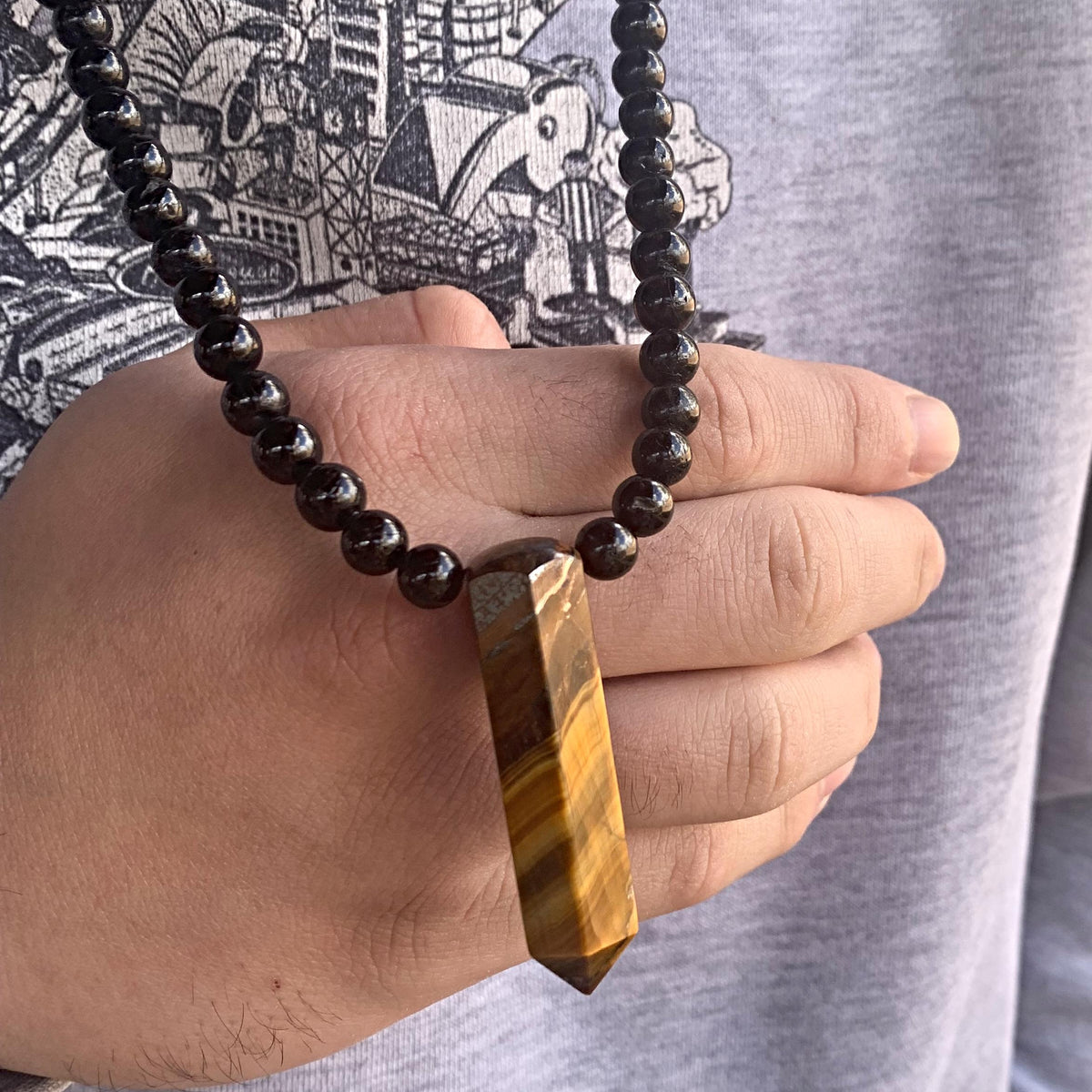 Black Tourmaline Beaded Necklace with Tiger Eye Pendant: Mens Protection Stone Jewelry