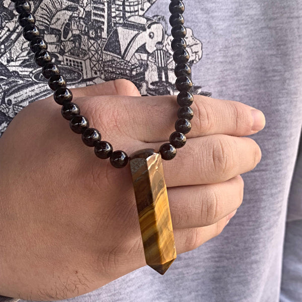 Black Tourmaline Beaded Necklace with Tiger Eye Pendant: Mens Protection Stone Jewelry