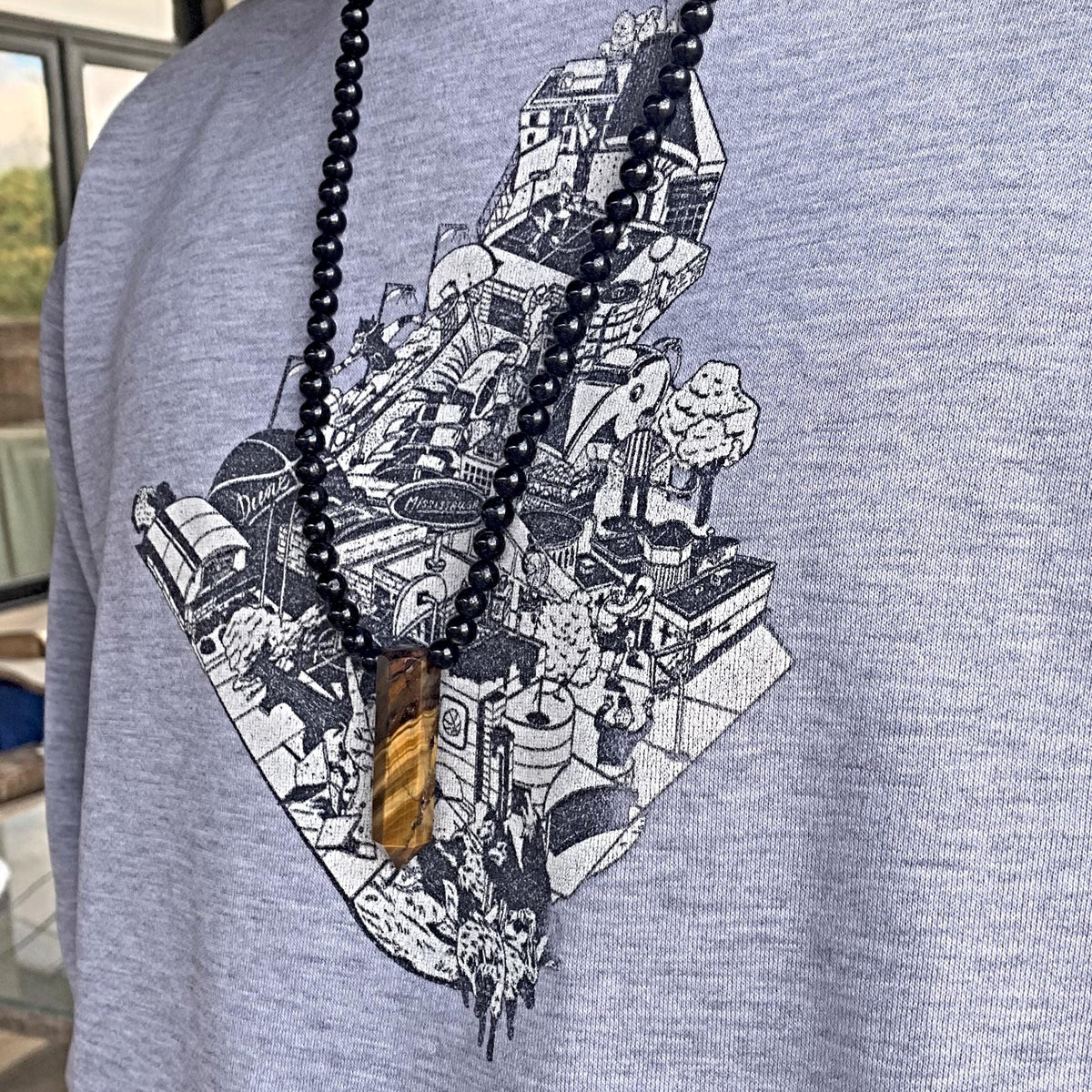 Black Tourmaline Beaded Necklace with Tiger Eye Pendant: Mens Protection Stone Jewelry
