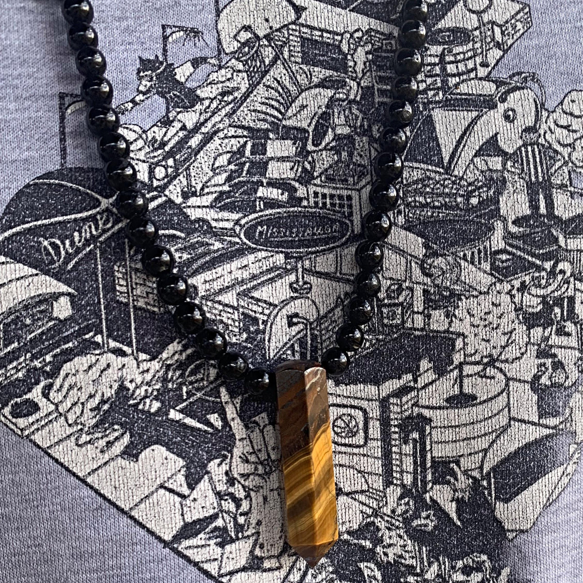 Black Tourmaline Beaded Necklace with Tiger Eye Pendant: Mens Protection Stone Jewelry