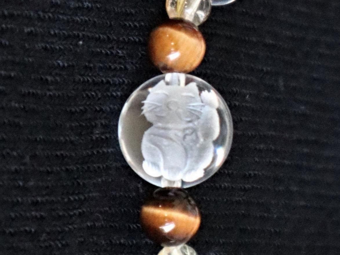 Lucky Cat Bracelet in Clear Quartz Hand Carved with Tiger Eye