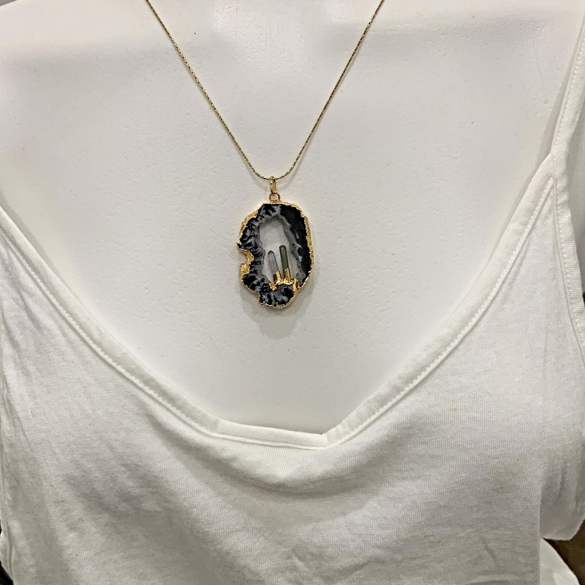 natural agate window pendant with tourmaline