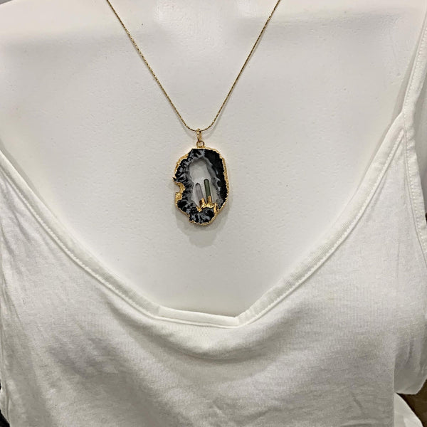 natural agate window pendant with tourmaline