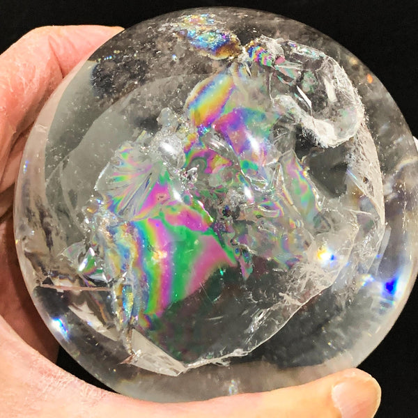 Rainbow Flashes in large Clear Quartz Sphere