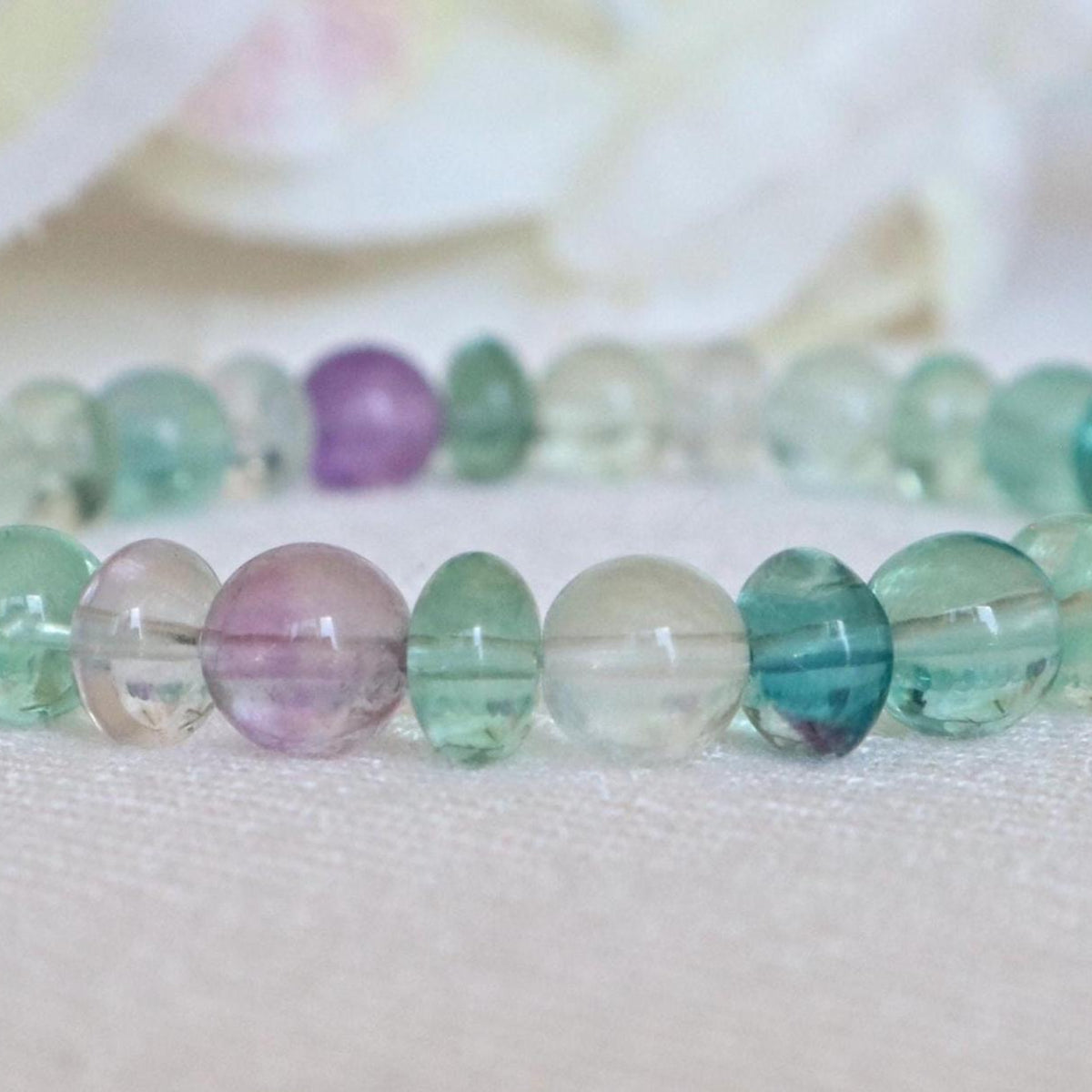 Green and purple fluorite rondelle bead bracelet
