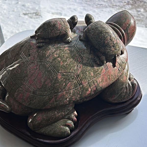 Hand carved unakite stone turtle with babies