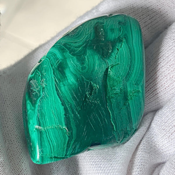 Close-up of a malachite crystal with vibrant light and dark green banding and a high-gloss finish.