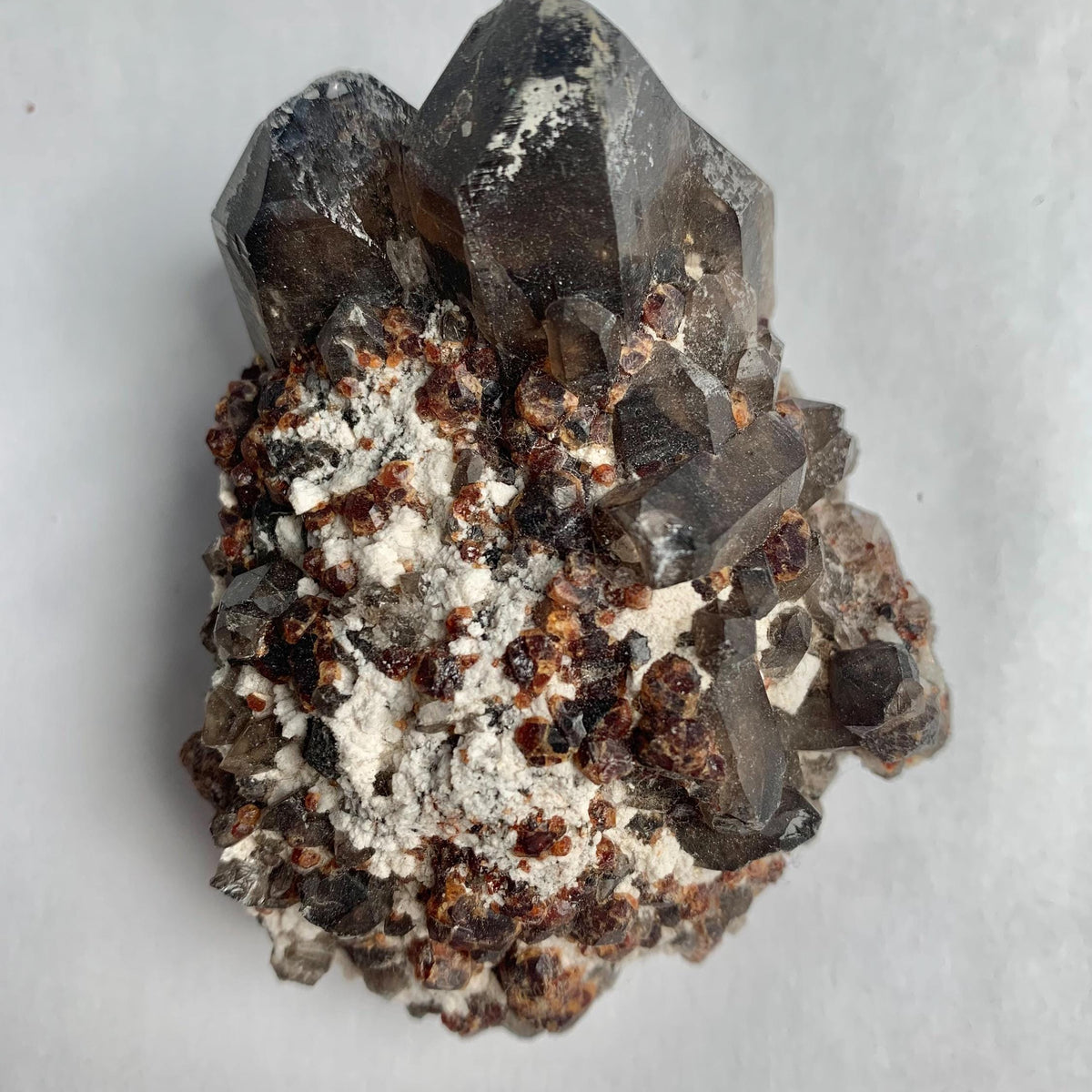 Smoky quartz crystal with garnet on rock matrix