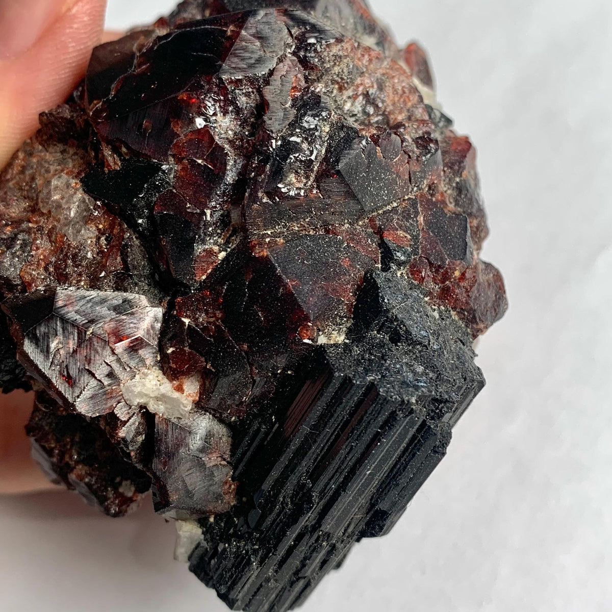 Red garnet and black tourmaline geological specimen