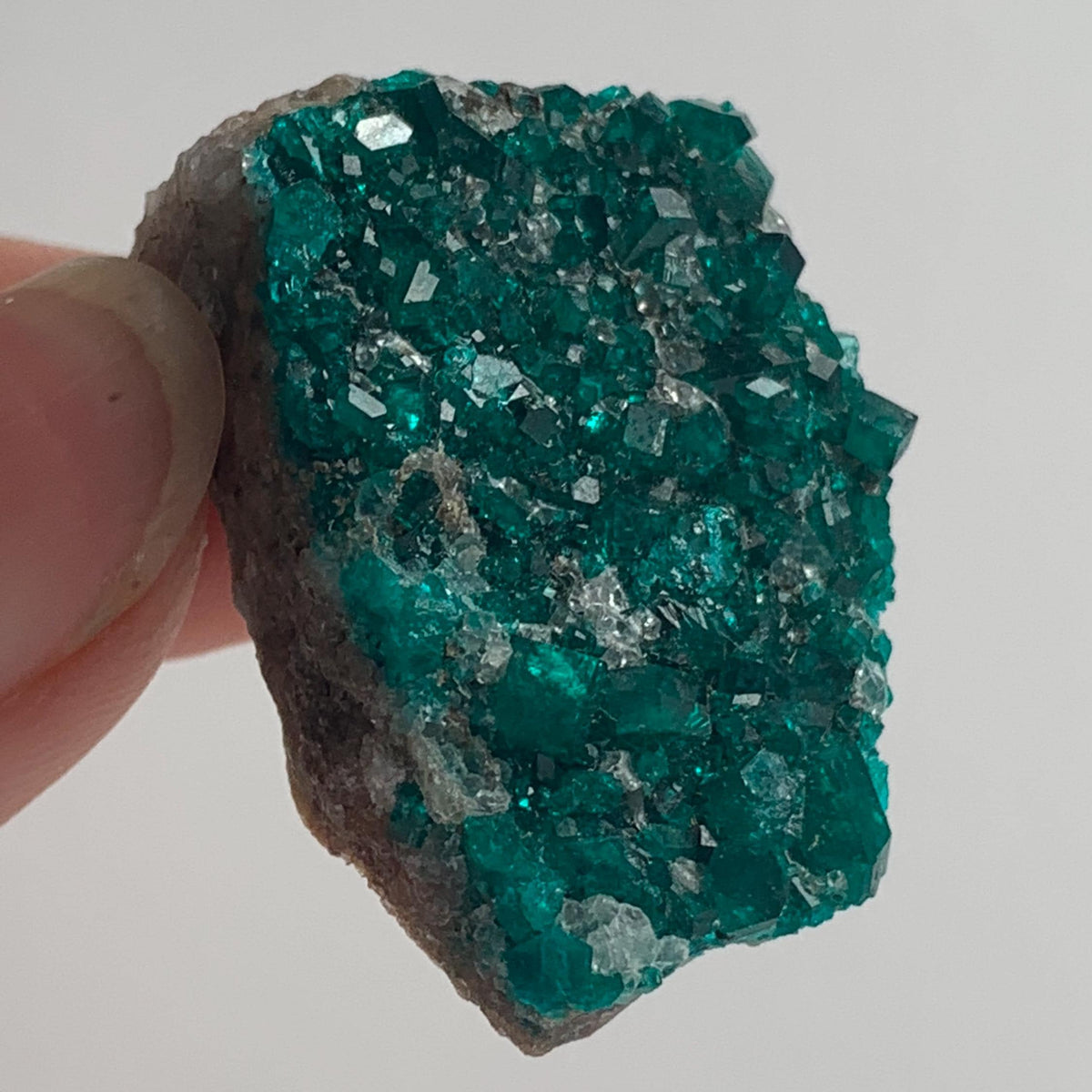 vivid emerald dioptase crystals on natural matrix